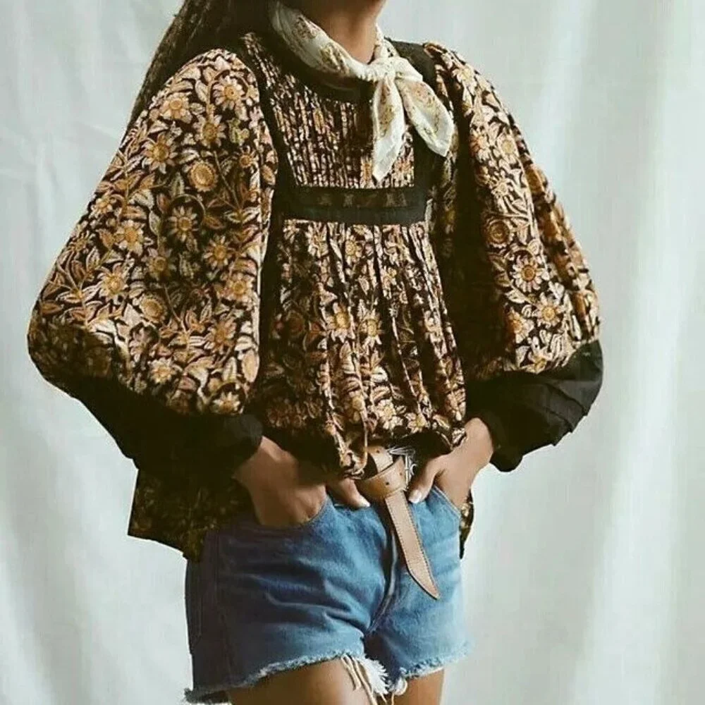 Anthropologie Cleobella Rafia Lace Harley Black Ballon Sleeve Peasant Blouse XS